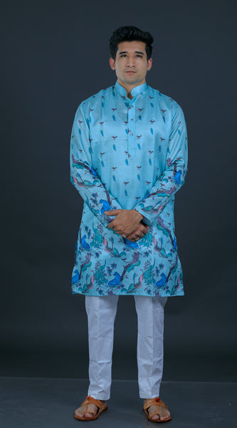 Kvach Teal Heritage Print Kurta
