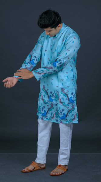Kvach Teal Heritage Print Kurta