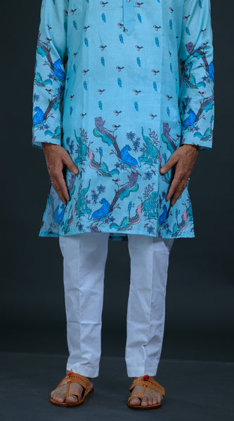 Kvach Teal Heritage Print Kurta