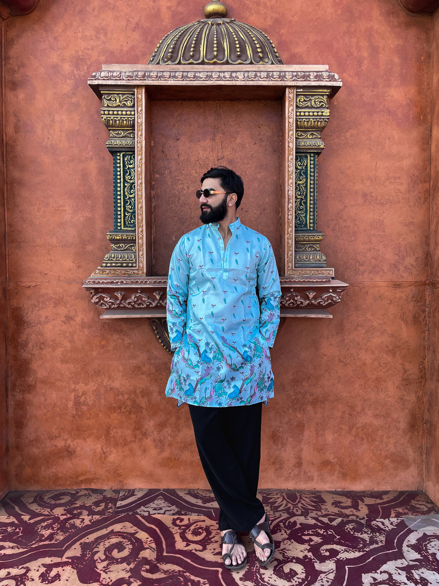 Teal Heritage Print Kurta
