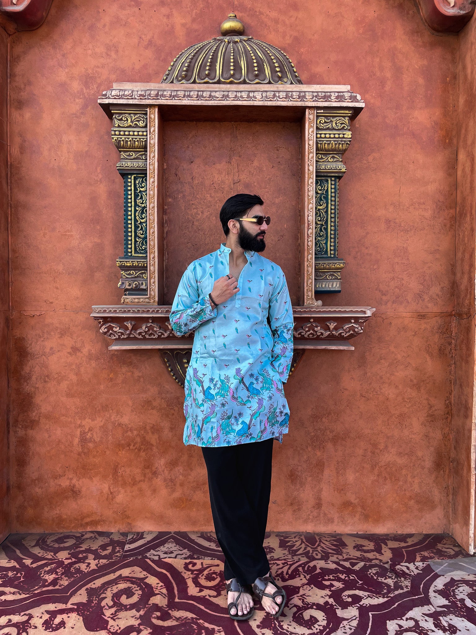 Kvach Teal Heritage Print Kurta
