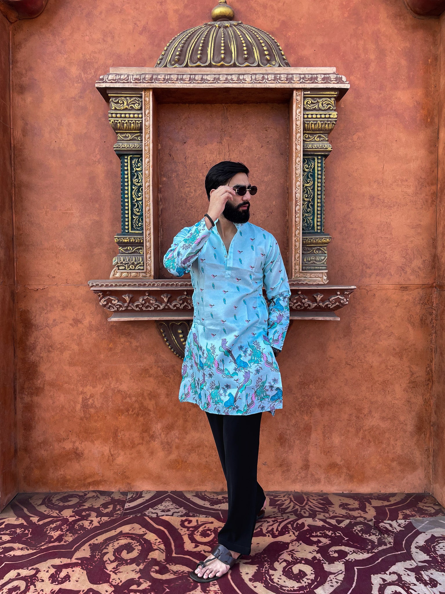 Kvach Teal Heritage Print Kurta