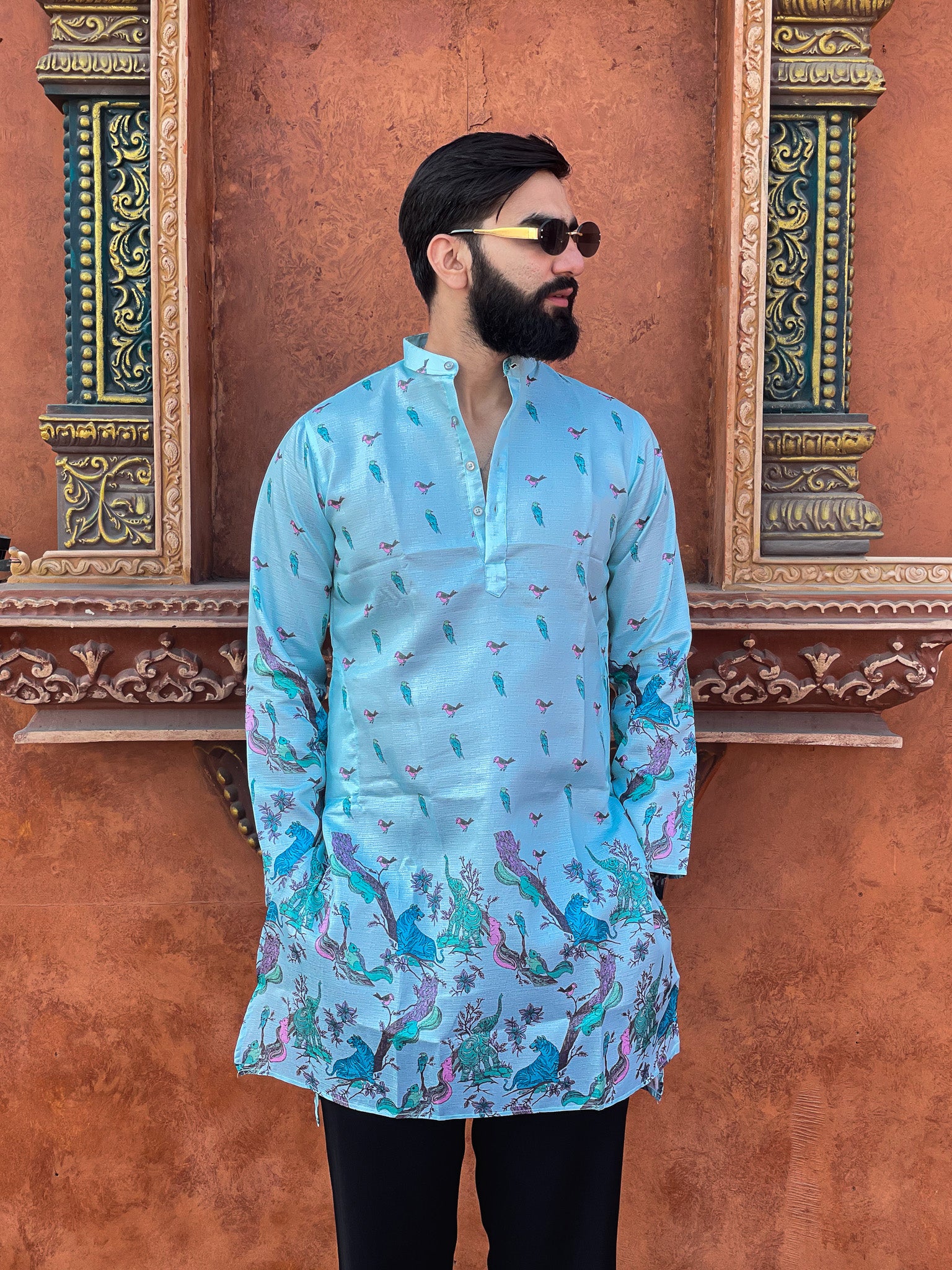 Kvach Teal Heritage Print Kurta
