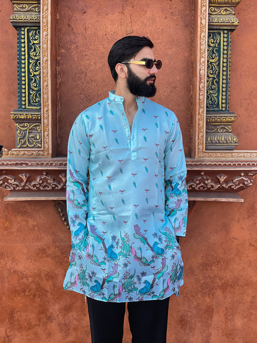 Teal Heritage Print Kurta