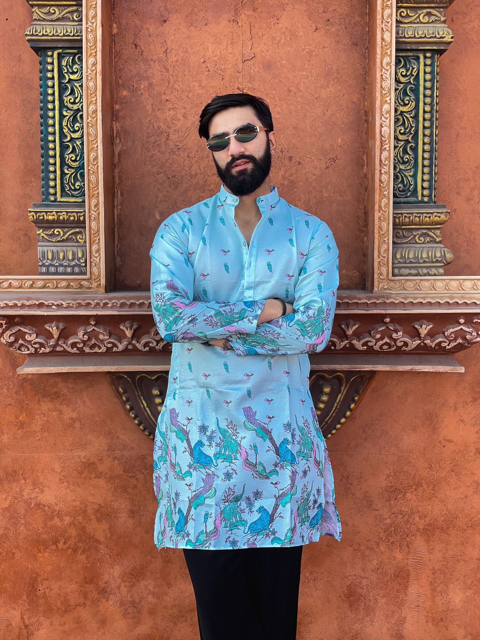 Kvach Teal Heritage Print Kurta