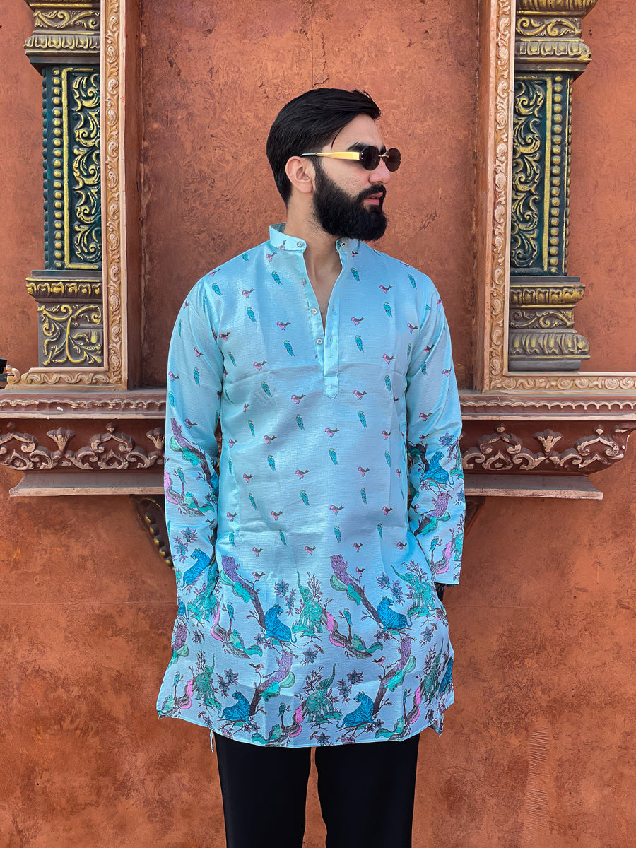 Teal Heritage Print Kurta